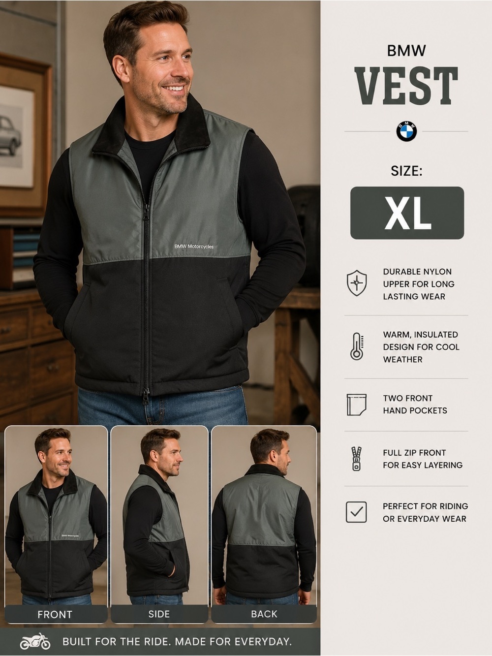BMW Two-Tone Black and Sage Green Zip-Up Vest XL